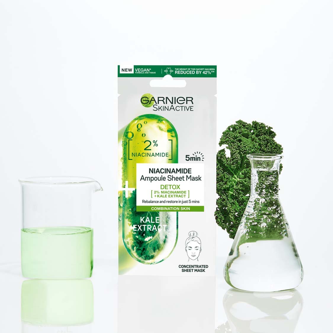 3600542387156 Garnier SkinActive Ampoule Sheet Mask Kale ingr flask